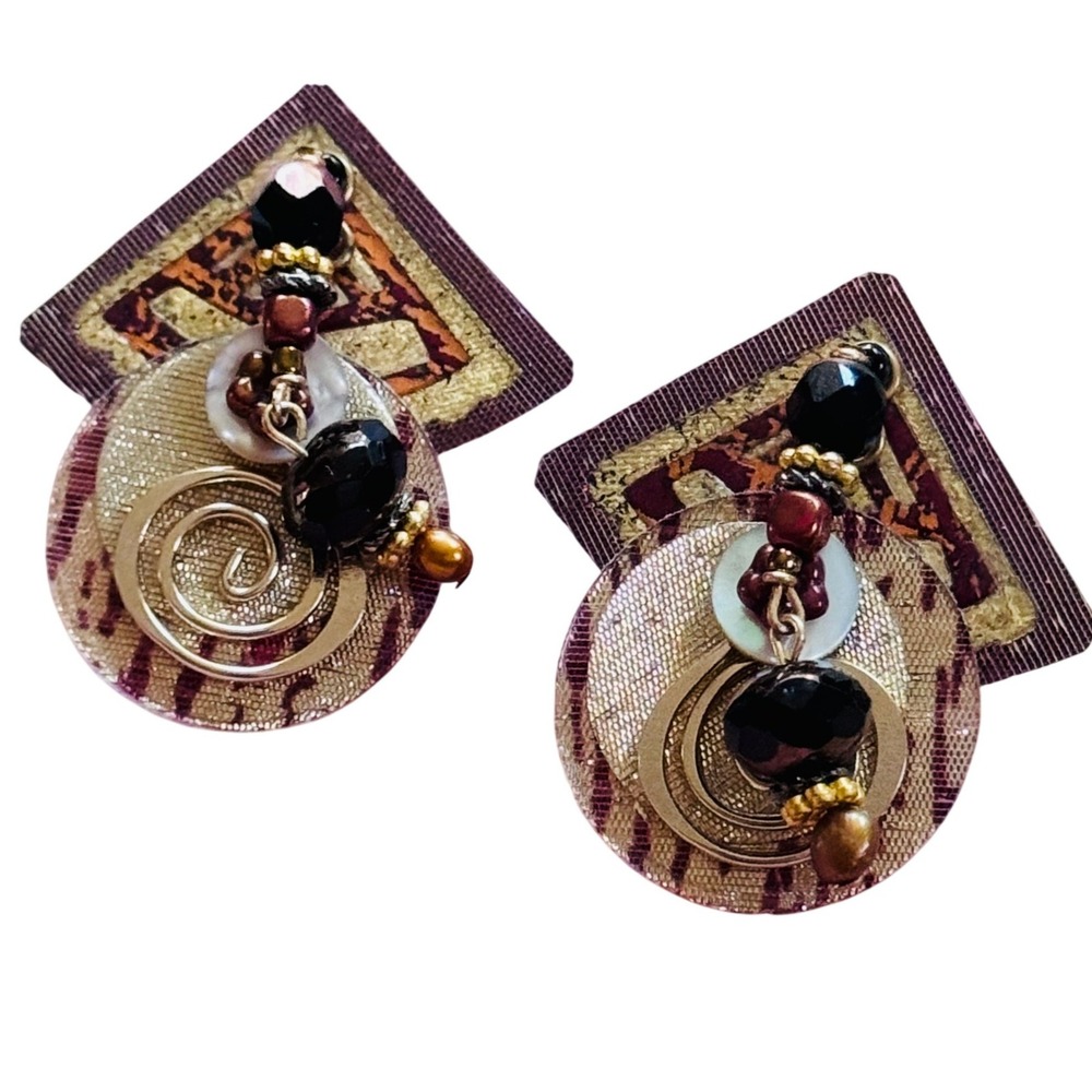 Chunky Earrings Clip gold‎ foil glass beads dangle black Artisan MOD VTG 90s